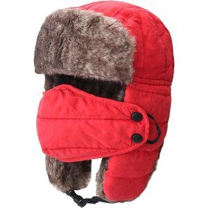 Men Red Trapper Hat Warm Winter with Removable Face Mask Earflaps Faux Fur